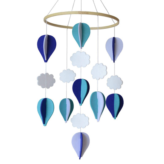 Handmade Baby Crib Mobile | White & Pale Grey | Hot Air Balloons & Clouds | Eco-Friendly Felt & Organic Beech Wood | Gender Neutral Nursery Decor | Simple & Modern Design