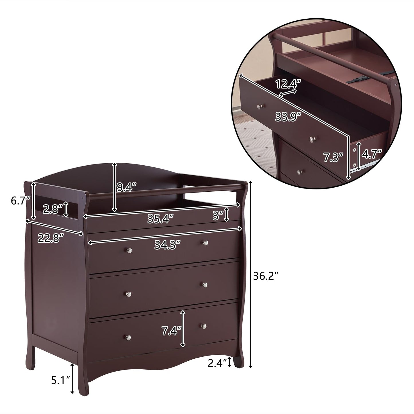 3-Drawer Changing Table, Safety Rails & Strap, Infant Diaper Changing Station with Drawers, Baby Diaper Changing Table Dresser for Nursery, Easy Assembly (White)
