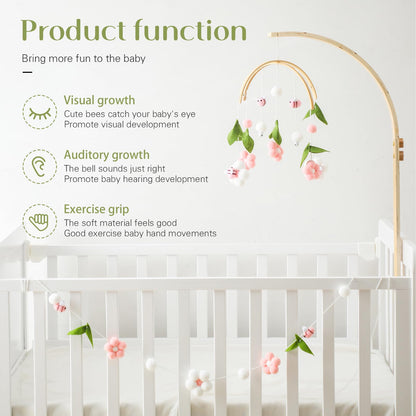 OESSUF Baby Mobile for Crib, Crib Nursery Mobile for Boys Girls, Boho Bee Flower Nursery Decor Soothe Toy Baby Shower Set for Infant Bedroom Hanging Decoration Toy, Pink