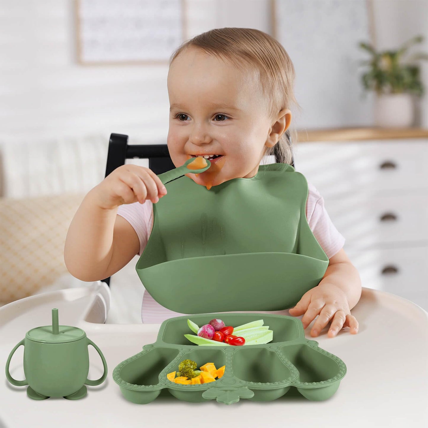 Silicone Baby Feeding Set 10 Pcs Baby Led Weaning Supplies Suction Bowl Divided Plate Baby Bibs Fruit Feeder Baby Spoons Forks Sippy Cup Toddler Utensil Sets Baby Essentials for Newborn Gift