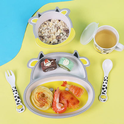 Bamboo Kids Dinnerware Set 5 Pcs Includes Plate Bowl Cup Fork Spoon Perfect for Kids BPA-Free (Little Dinosaur)
