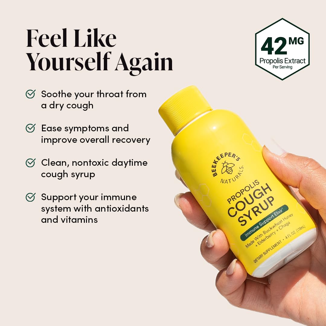 Beekeeper's Naturals Propolis Honey Cough Syrup Daytime for Kids Immune Support with Elderberry, Vitamin C, Vitamin D & Raw Honey - Throat Soothing - Gluten Free & Clean Ingredients, 4 oz.