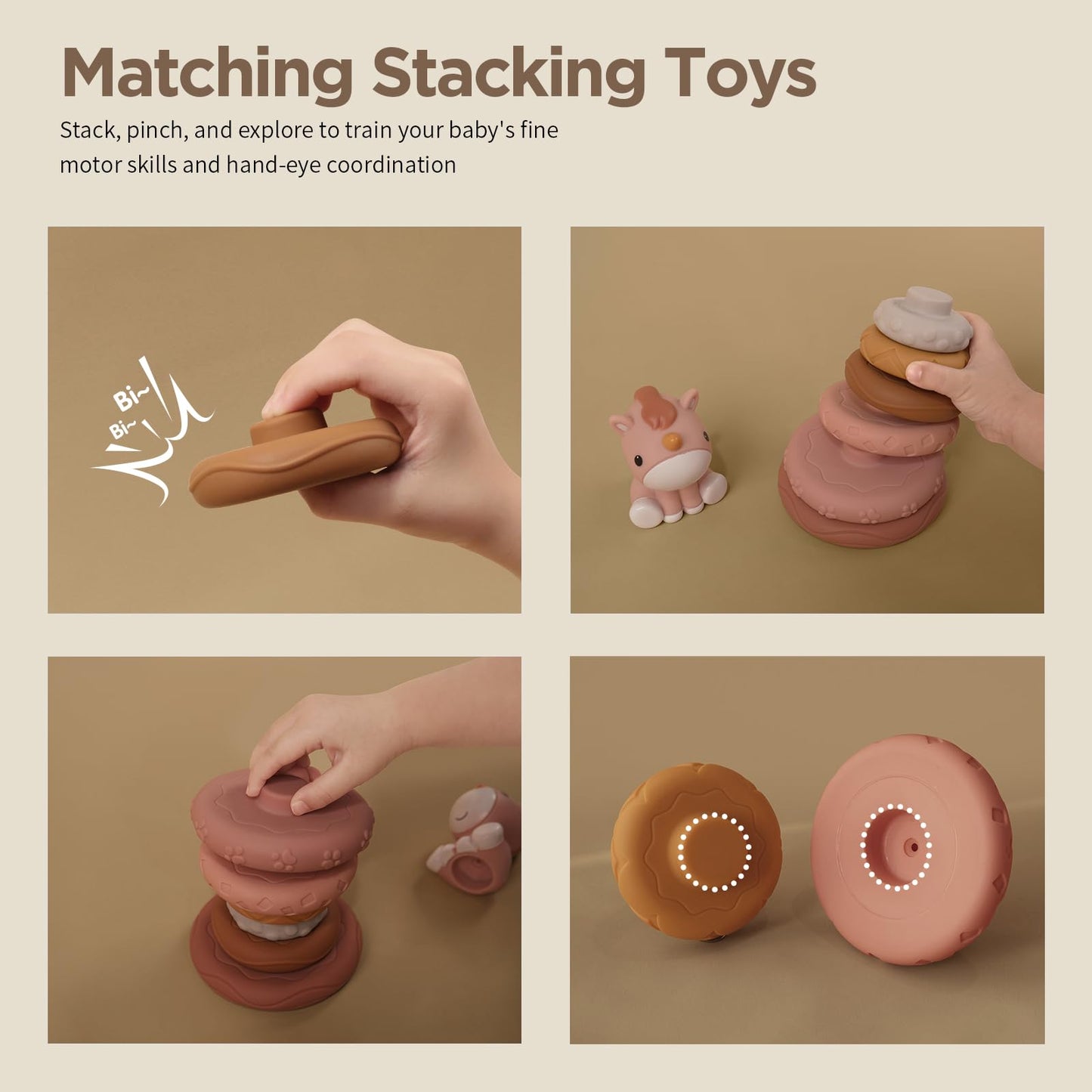 Nueplay 13 Pcs Building Circle & Blocks, Stacking & Nesting Baby Toys with Horse Figure, Newborn Essentials Squeeze Teething Toy Gifts for 6 12 18 Months Baby Toddler Girls