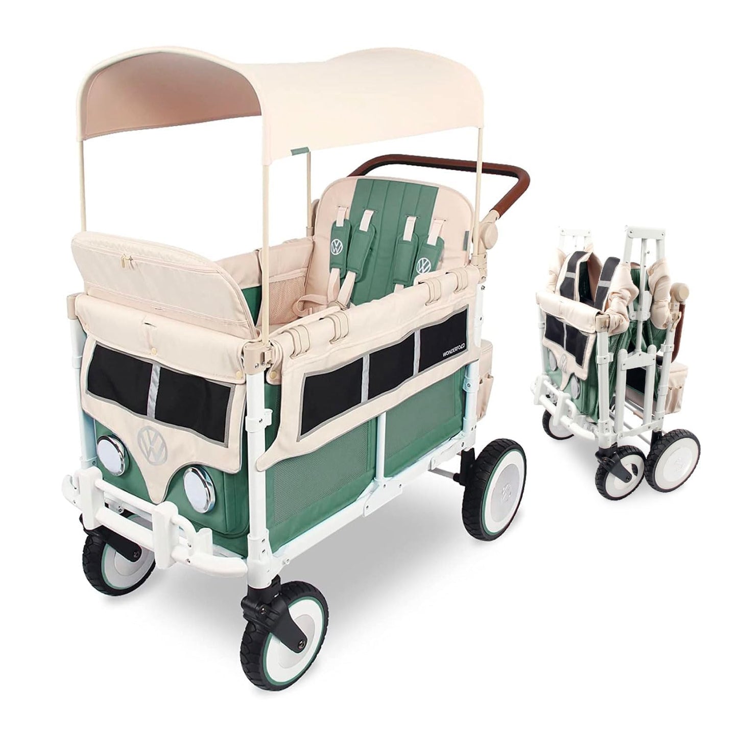 WONDERFOLD W4 Luxe Quad Stroller Wagon Featuring 4 High Face-to-Face Seats with Magnetic Buckle 5-Point Harnesses and Adjustable/Removable UV-Protection Canopy, Hunter Green
