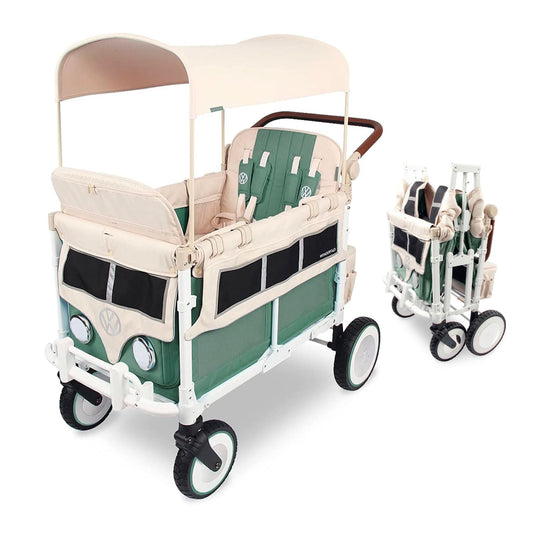 WONDERFOLD W4 Luxe Quad Stroller Wagon Featuring 4 High Face-to-Face Seats with Magnetic Buckle 5-Point Harnesses and Adjustable/Removable UV-Protection Canopy, Hunter Green