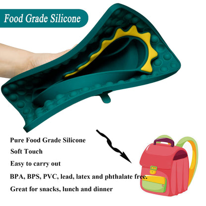 Silicone Suction Plates for Baby Toddler with Spoon Fork set Divided Dinosaurs Plates Self Feeding Training Baby Dinner Plate-Green Dinosaurs Plate Set