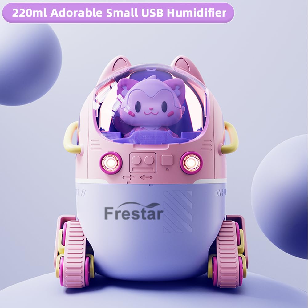 Mini USB Humidifier 220ml with LED Night Light, Small Cute Humidifier Bulit in Adorable Doll for Kids, Plant, Bedroom, Office, Desk, Babies Room, No Battery(Green-Huhu)