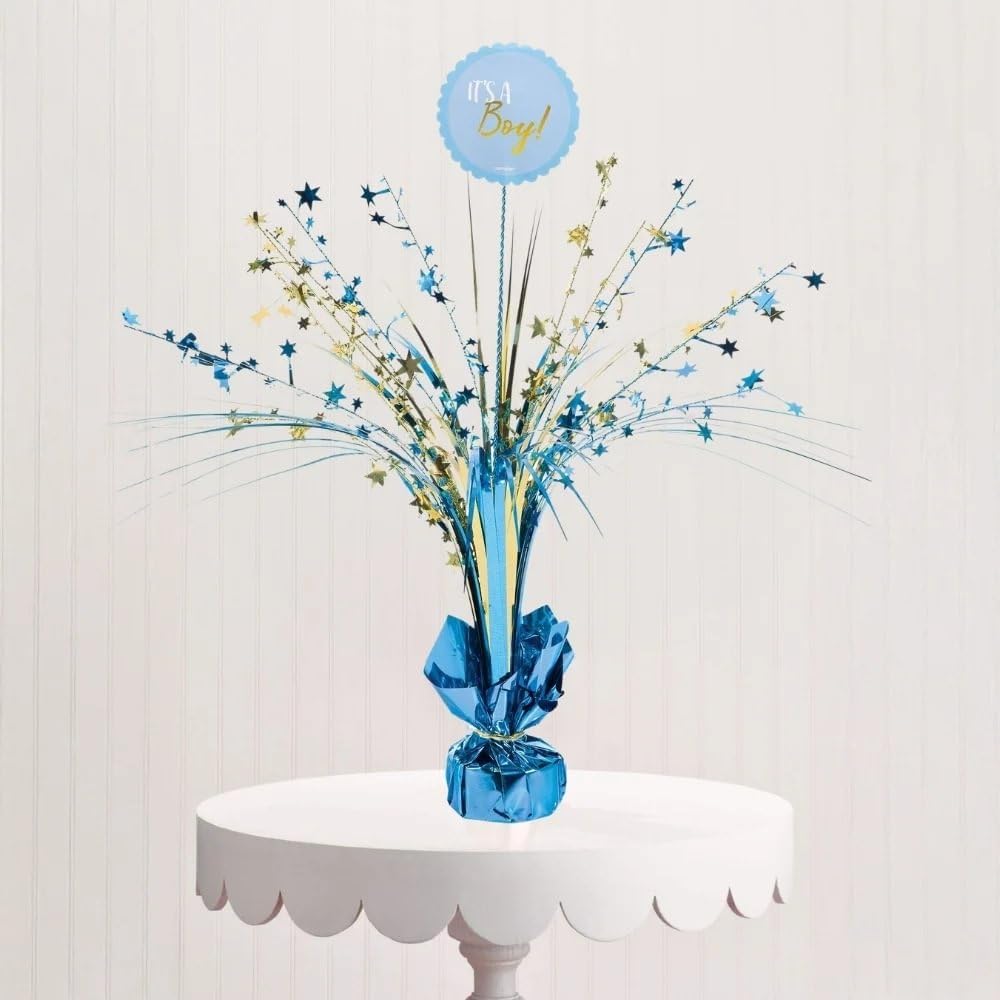 Dazzling Foil Spray Centerpiece, 18" (1 Count) - Elegant Table Decor, Perfect for Baby Shower Celebrations, "It's a Boy", Gold & Blue