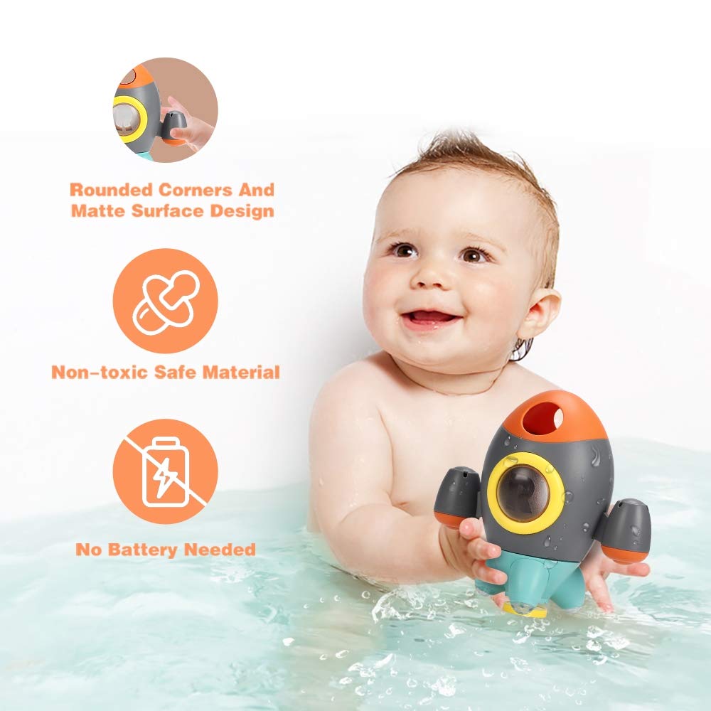 Baby Bath Toys, Space Rocket Shape Bathtub Toys for Toddlers, Spray Water Toys w/ Rotating Fountain, Bathroom Shower Toys for Infants Aged 18 Months 2 3 4 5 Years Old Kids Girls Boys
