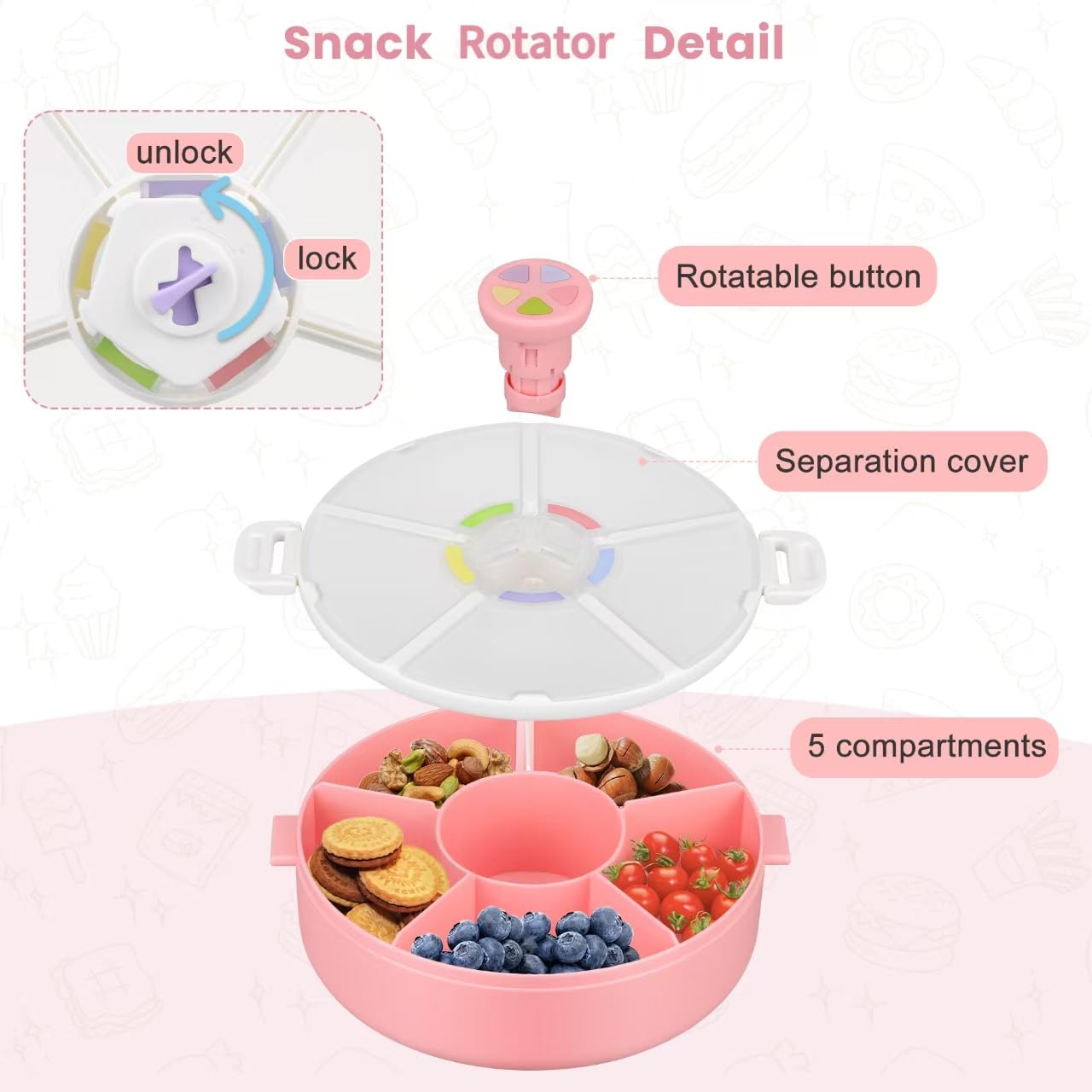 Kids Snack Rotator Container Reusable Snack Box with 5 Compartment Dispenser and Lid, Color Matching Opening Lid, BPA and PVC Free, for Toddlers, Babies, Home, School, Travel (1 Pack- Pink)