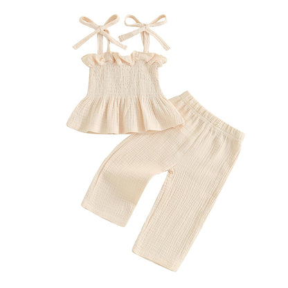 Toddler Baby Girl Clothes Tie-Up Strap Ruffle Camisole Tops Linen Pants Set Little Girls Summer Outfits