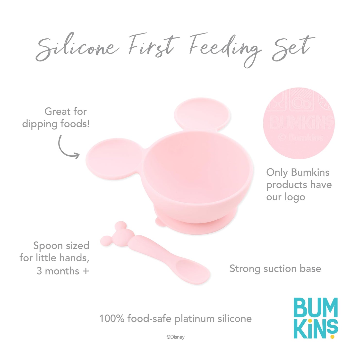 Bumkins Baby Bowls, Disney Minnie Mouse Silicone Baby Feeding Set, Suction Bowls for Baby and Toddler with Spoon, First Feeding Set, Platinum Silicone Bowl for Babies 4 Months