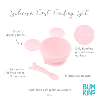 Bumkins Baby Bowls, Disney Minnie Mouse Silicone Baby Feeding Set, Suction Bowls for Baby and Toddler with Spoon, First Feeding Set, Platinum Silicone Bowl for Babies 4 Months