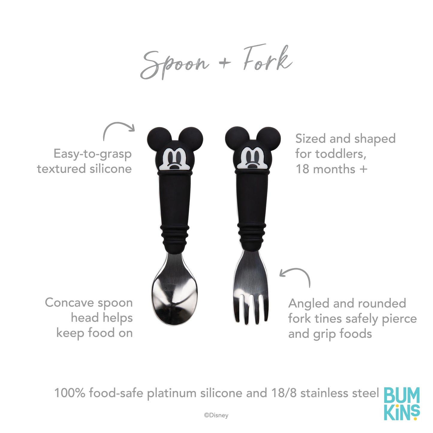 Bumkins Disney Baby Utensils Set, Chewtensils Silicone Spoons for Dipping, Self-Feeding, Baby Led Weaning, Trainer Learning, First Stage Eating, Soft Fork and Spoon, Babies 6 Months, Minnie Mouse