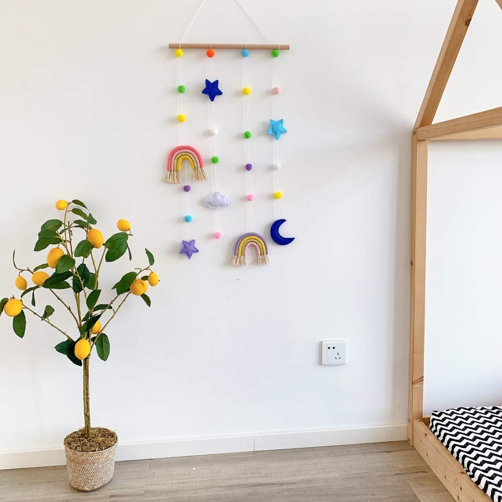Macrame Rainbow Wall Hanging for Nursery Room,URMAGIC Rainbow Hanging Photo Display with Pom Pom Ball and 25 Photo Clips,Wood Mobile Bed Bell with Moon,Cloud and Stars,Baby Crib Hanging Toys