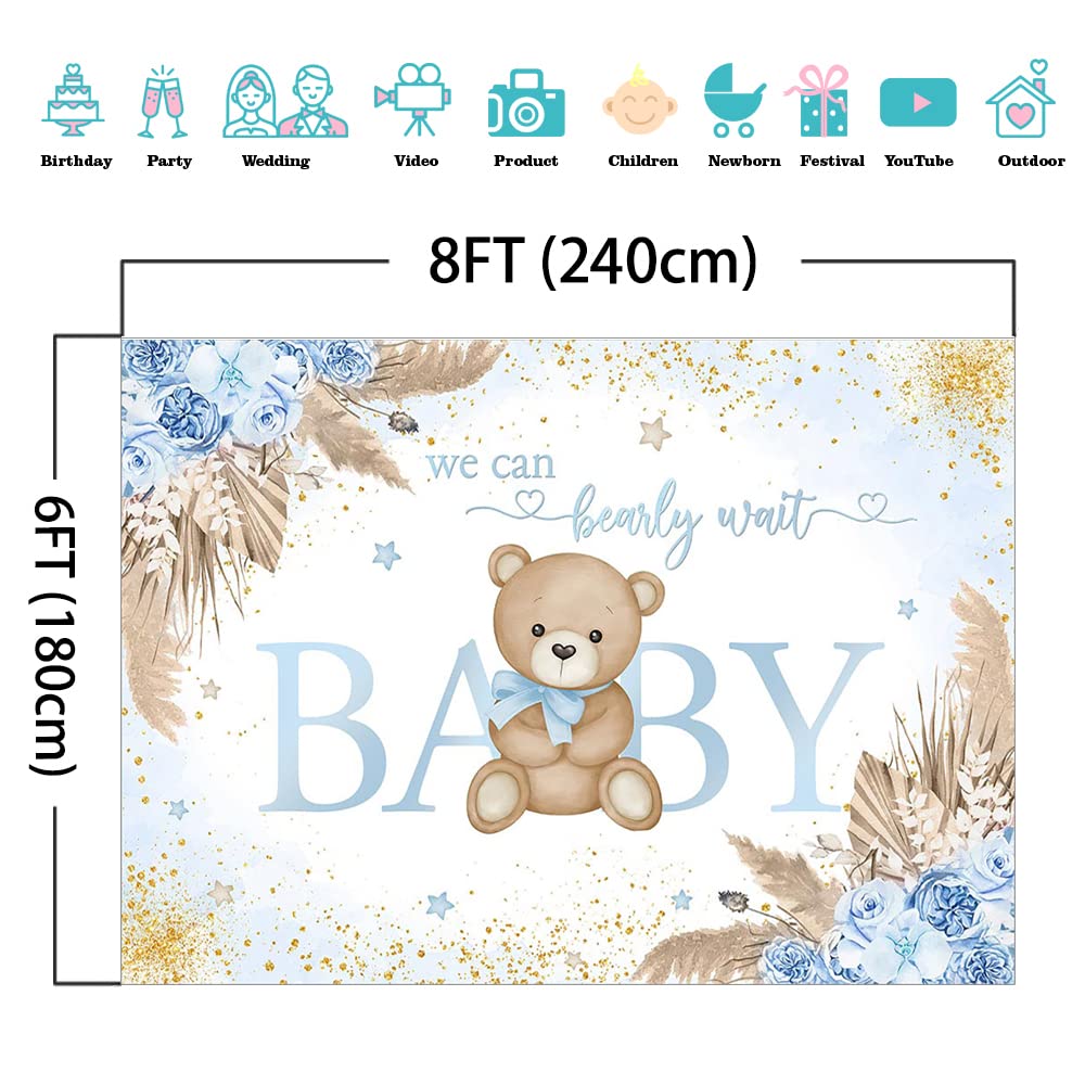 Mocsicka Girl Bear Backdrop Pink Boho Pampas Grass Background We Can Bearly Wait Baby Shower Party Cake Table Decoration Photo Booth Props (7x5ft)