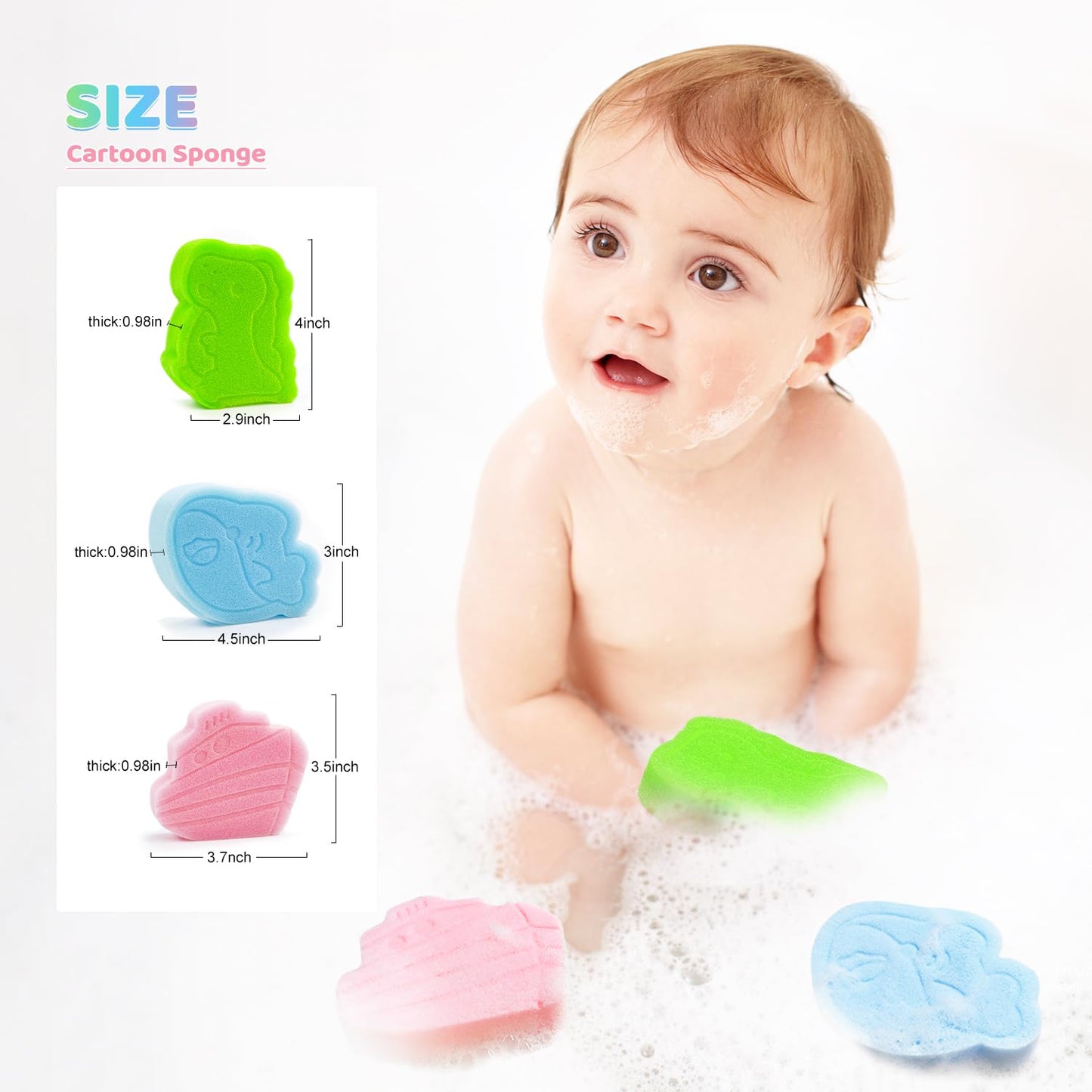 Baby Bath Sponge, Natural Cute Shapes Soft Shower Sponges for Bathing, Bathtub Foam for Infants and Toddler, 3pcs : Blue Dolphin, Pink Shell, Green Turtle