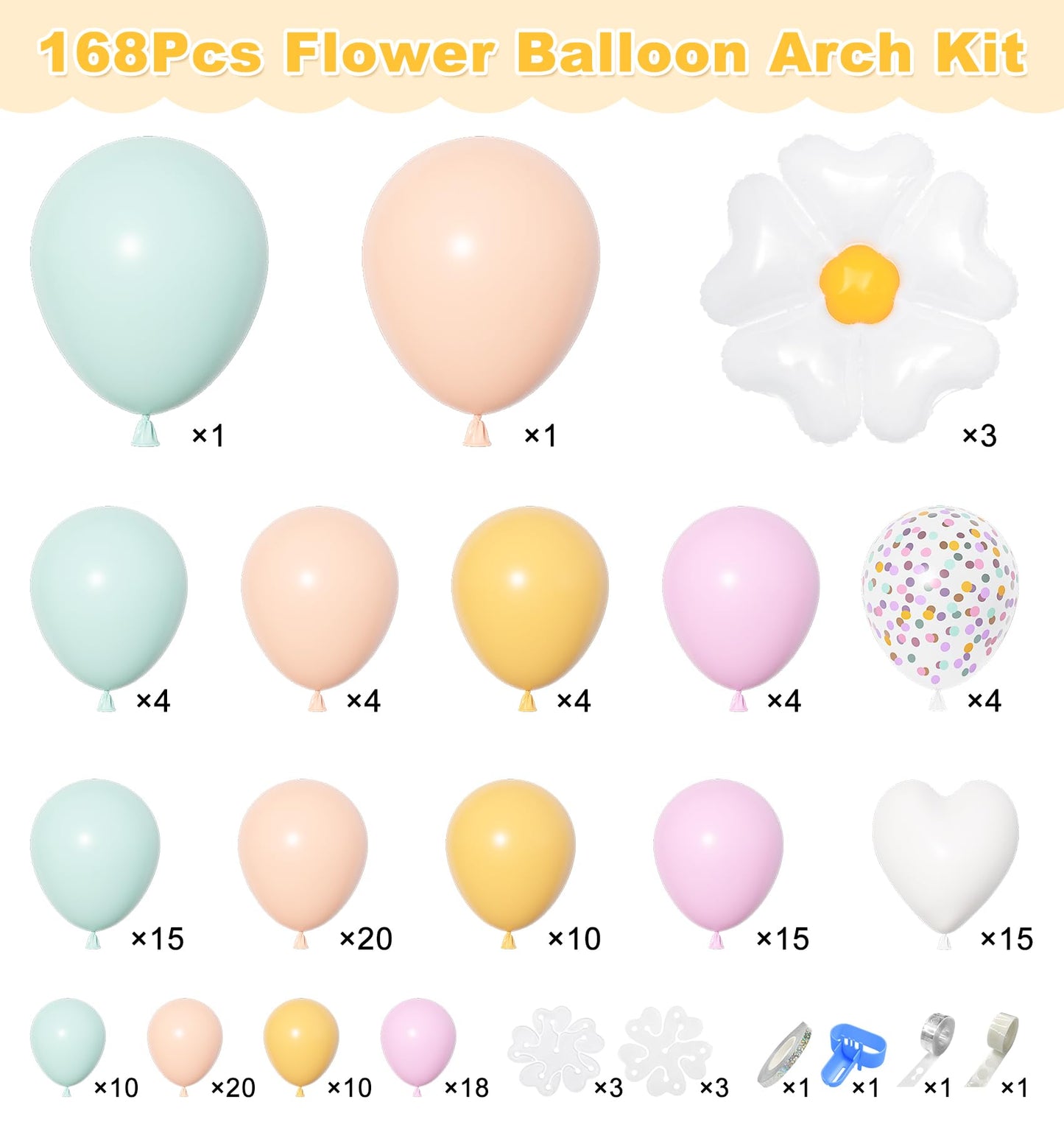 168Pcs Daisy Balloon Arch Garland Kit, Pastel Blue Orange Yellow Purple Confetti Daisy Wild Flower Balloons for Boho Two Groovy One Birthday Floral Girl Baby Shower Spring Wedding Party Decorations