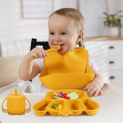 Silicone Baby Feeding Set 10 Pcs Baby Led Weaning Supplies Suction Bowl Divided Plate Baby Bibs Fruit Feeder Baby Spoons Forks Sippy Cup Toddler Utensil Sets Baby Essentials for Newborn Gift
