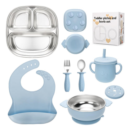 Baby Weaning Bundle, Silicone Baby Feeding Set, Comes with Detachable Silicone Stainless Steel Toddlers Plate and Bowl set, Baby Bib and 2-in-1 Water Cup and spoons (Blue)