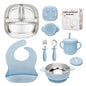 Baby Weaning Bundle, Silicone Baby Feeding Set, Comes with Detachable Silicone Stainless Steel Toddlers Plate and Bowl set, Baby Bib and 2-in-1 Water Cup and spoons (Blue)
