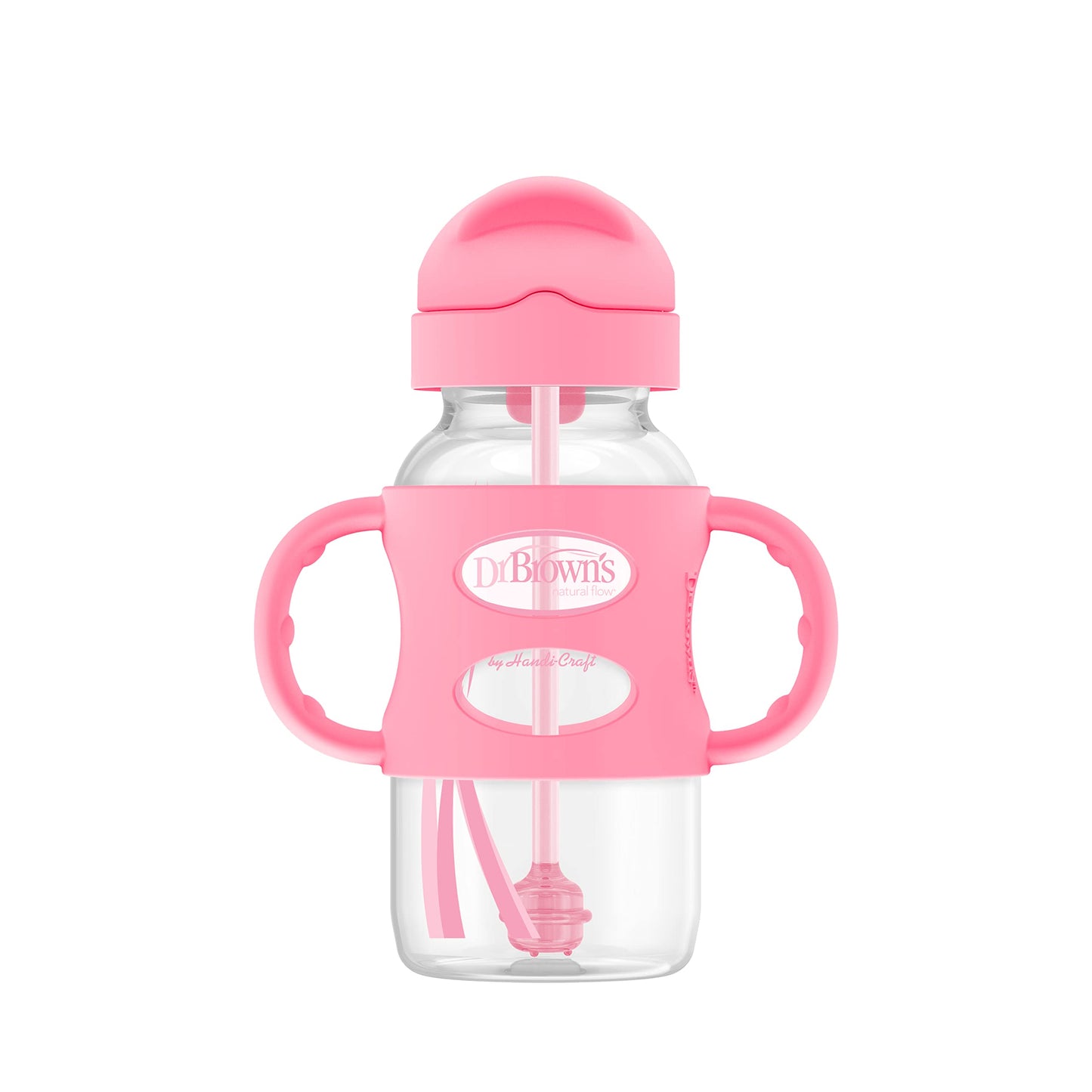 Dr. Brown's Milestones Wide-Neck Sippy Straw Bottle with 100% Silicone Handles and Weighted Straw, 9 oz/270 mL, Gray & Pink, 6m+, 2 Count (Pack of 1)