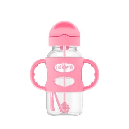 Dr. Brown's Milestones Wide-Neck Sippy Straw Bottle with 100% Silicone Handles and Weighted Straw, 9 oz/270 mL, Gray & Pink, 6m+, 2 Count (Pack of 1)