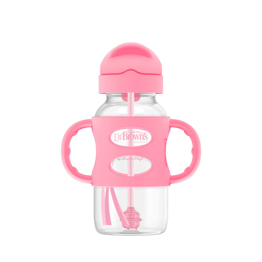 Dr. Brown's Milestones Wide-Neck Sippy Straw Bottle with 100% Silicone Handles and Weighted Straw, 9 oz/270 mL, Gray & Pink, 6m+, 2 Count (Pack of 1)