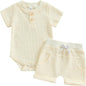 Kuriozud Newborn Baby Boy Summer Clothes Button Short Sleeve Romper Bodysuit Shorts Set Toddler Soft Waffle Outfit