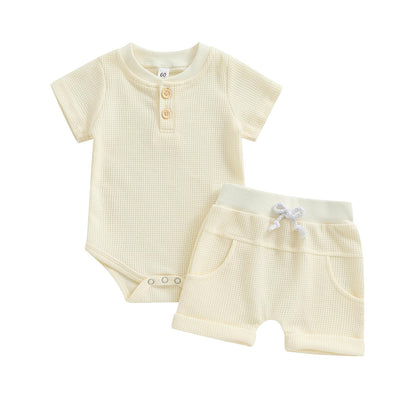Kuriozud Newborn Baby Boy Summer Clothes Button Short Sleeve Romper Bodysuit Shorts Set Toddler Soft Waffle Outfit