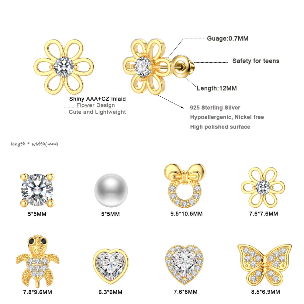 TOPBRIGHT 8 Pairs Hypoallergenic Earrings 925 Sterling Silver Stud Earrings White Heart CZ Tiny Butterfly For Kids, Toddlers, Little Girls, Teens, Women