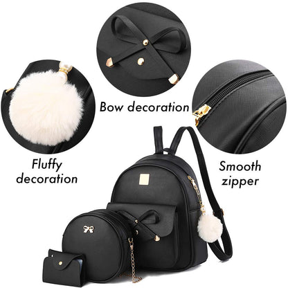 I IHAYNER Girls Bowknot 3-Pieces Fahsion Leather Backpack Backpack Purse for Women Rucksack for Ladies Shoulder Bag