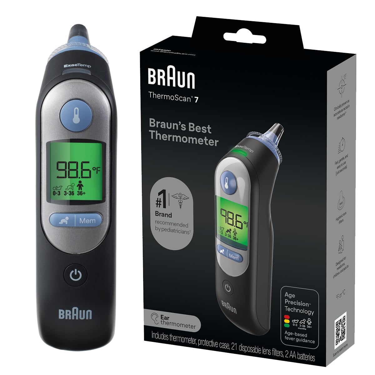Braun ThermoScan 7+ Connect Digital Ear Thermometer - Family Care App Compatible, Age Precision Technology, Color-Coded Display, No. 1 Brand Recommended by Pediatricians, FSA and HSA Eligible