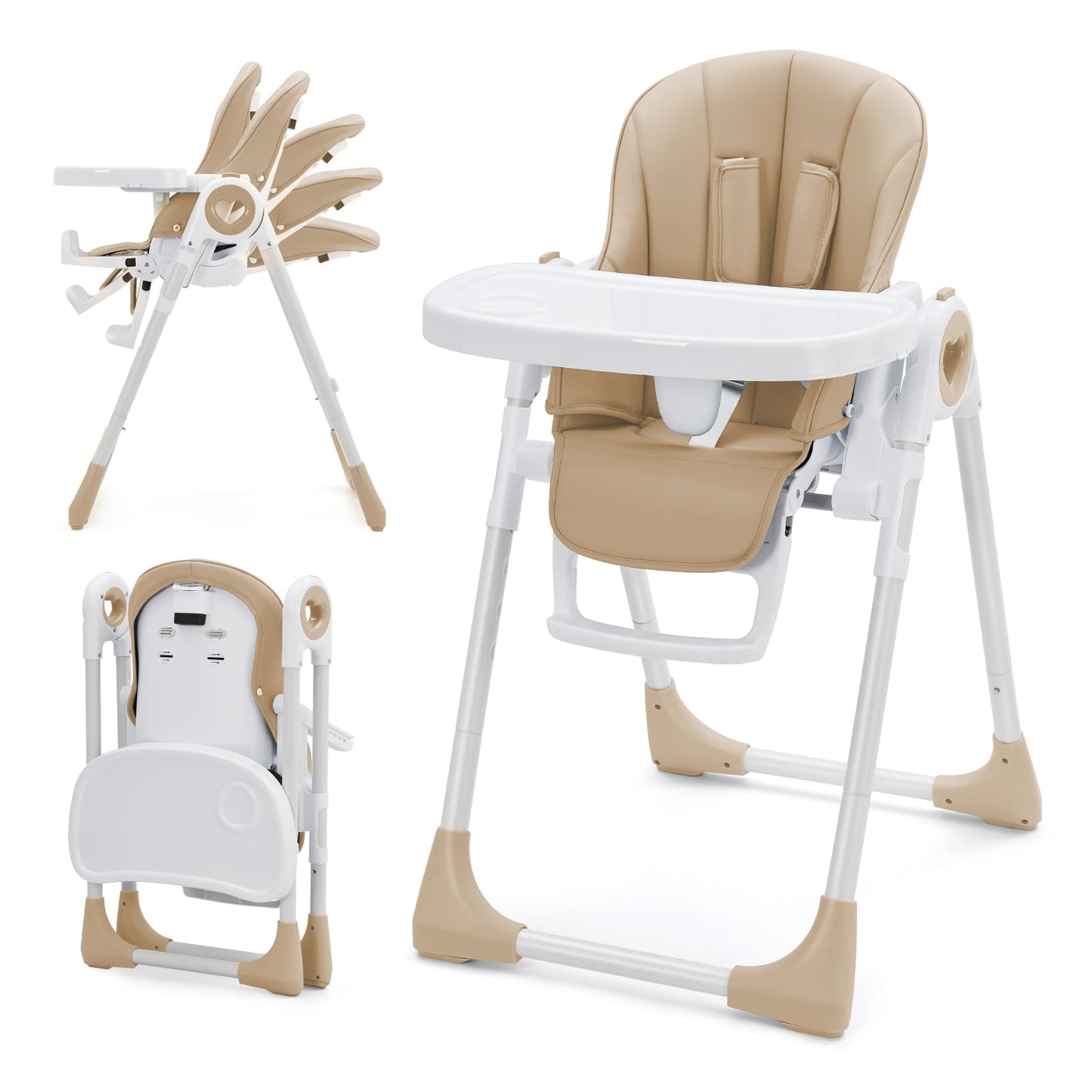 Foldable Baby High Chair with Adjustable Height, 5 Recline Positions & Removable Double Tray - Easy Clean, Space-Saving Infant Highchair for Toddlers, 5-Point Harness & Compact Design