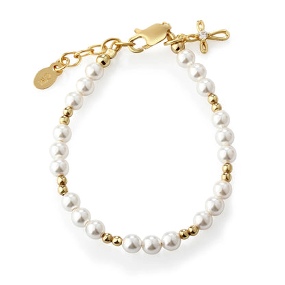 Cherished Moments Children's 14K Gold-plated Bracelet and/or Necklace with High-End Simulated Pearls and Cross Charm for Baptism, Christening or First Communion Gift for Girls