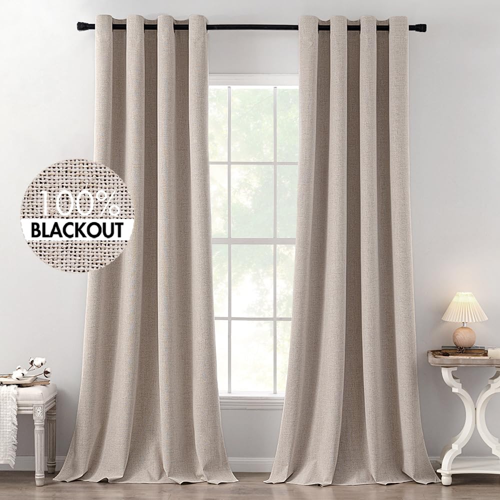 MIULEE 100% Blackout Linen Textured Curtains for Bedroom Solid Thermal Insulated Natural Beige Grommet Room Darkening Curtains & Drapes Luxury Decor for Living Room Nursery 52 x 84 Inch (2 Panels)