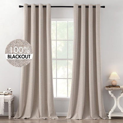 MIULEE 100% Blackout Linen Textured Curtains for Bedroom Solid Thermal Insulated Natural Beige Grommet Room Darkening Curtains & Drapes Luxury Decor for Living Room Nursery 52 x 84 Inch (2 Panels)
