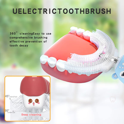 Kids Electric Toothbrush U Shaped Toddler Auto Sonic Toothbrushes with 5 Brush Head,Cartoon Dinosaur Ultrasonic Toothbrushes for Children 2-12 Years,360° Full Mouth Cleaning Automatic
