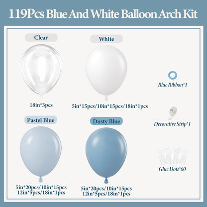 119pcs Dusty Blue Balloon Arch Garland Kit, Blue & White Balloon Arch Kit with Dusty Blue, Pastel Blue, White Clear Balloons for Bridal, Baby Shower Party Decorations