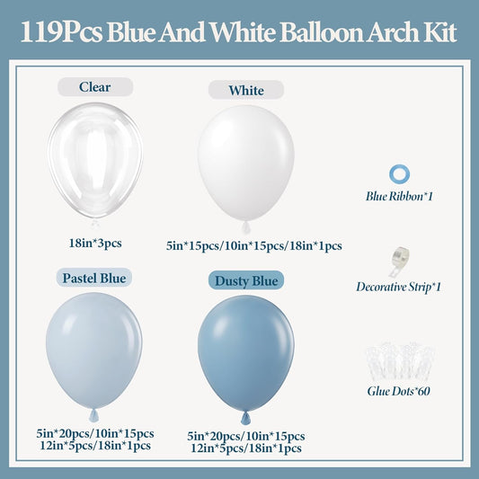 119pcs Dusty Blue Balloon Arch Garland Kit, Blue & White Balloon Arch Kit with Dusty Blue, Pastel Blue, White Clear Balloons for Bridal, Baby Shower Party Decorations