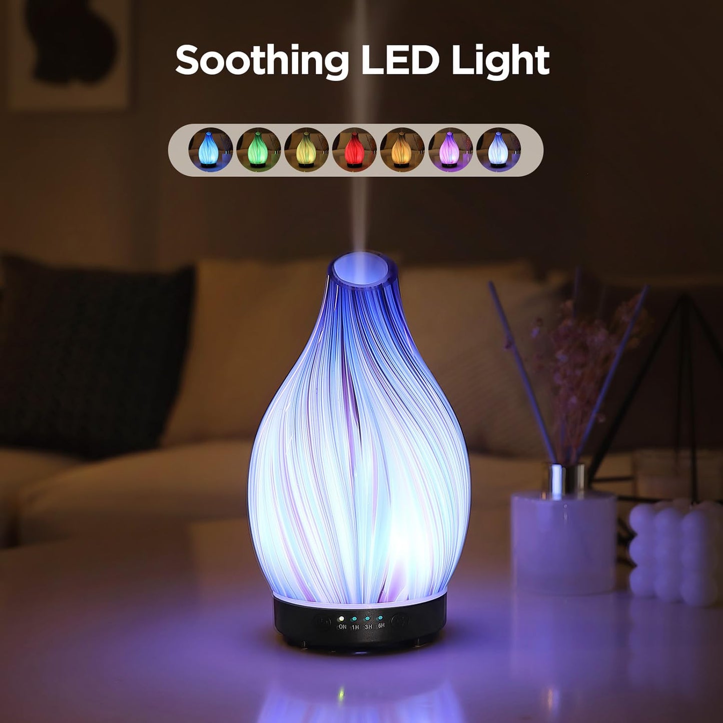 Essential Oil Diffuser Hand Blown Glass Aromatherapy Diffuser - Ultrasonic Cool Mist Scent Aroma Diffuser, Whisper Quiet with Auto Shut-Off, Timer Setting &7 Colors Night Light for Home