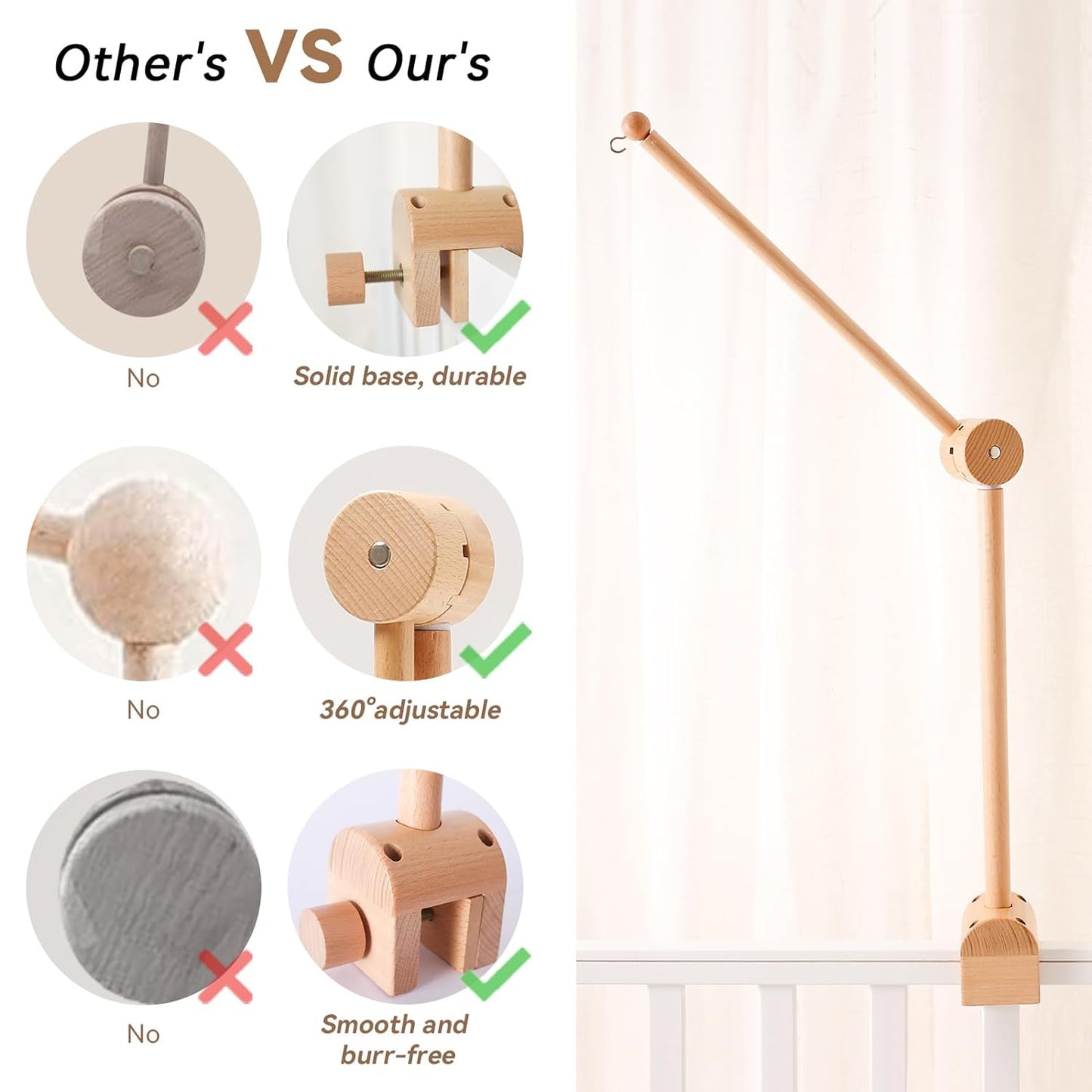 Wooden Crib Mobile Arm | Baby Crib Mobile Arm Wooden Holder | Rotatable Adjustable Anti Slip Attachment Clamp for Sturdy Mobile Hanger (Curved Arm)