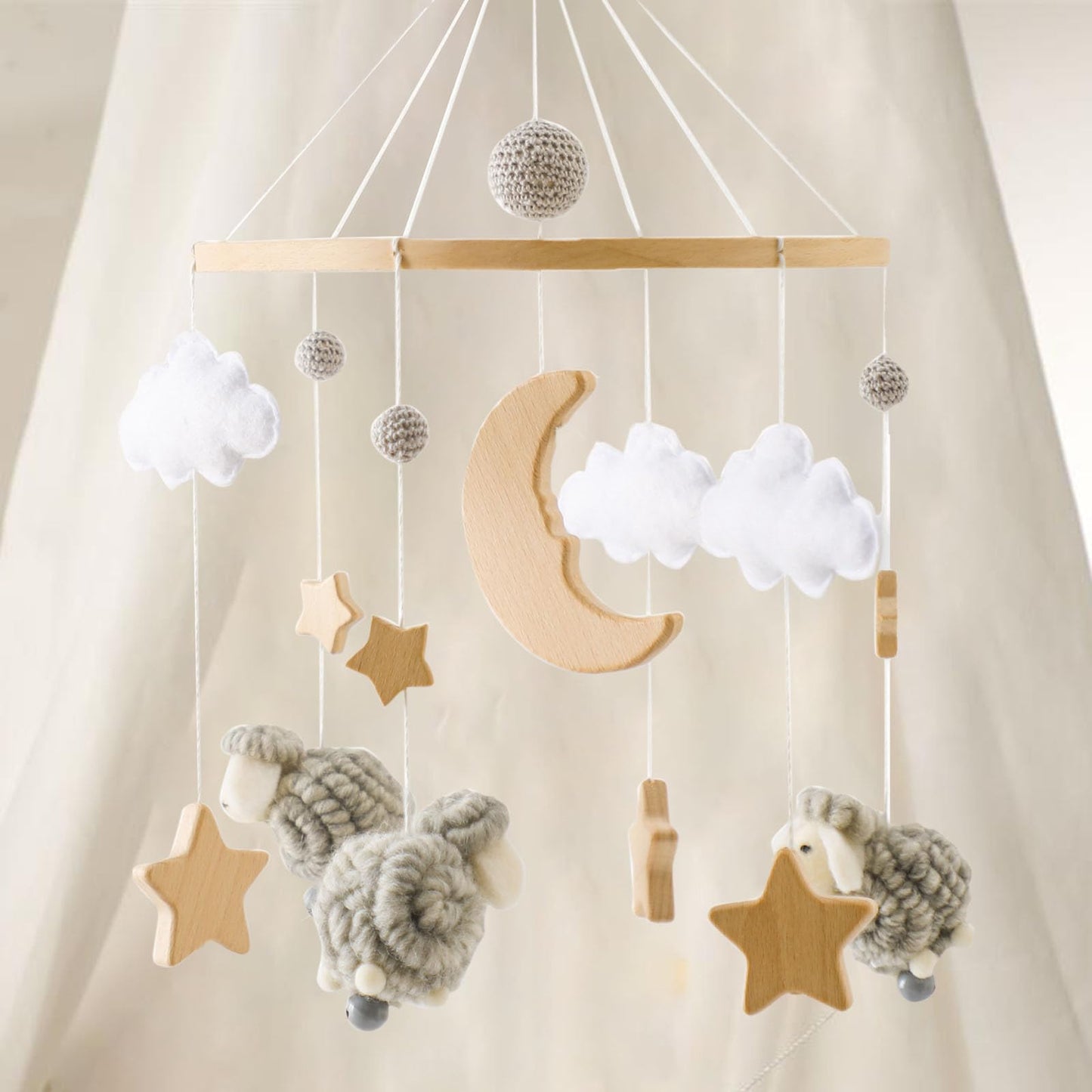 2025 Bohemia Theme Baby Mobile - Mobile for Crib, Crib Mobile for Boys and Girls, Nursery Decor Mobile, Clouds Moon Sheep Pendant Nursery Decor (Beige)