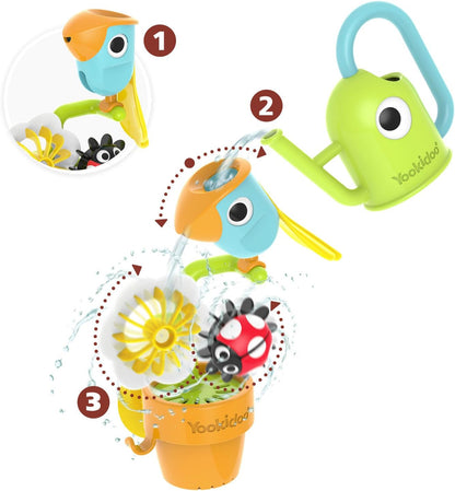 Yookidoo Watering Can Baby Bath Toy (Ages 1-3) Spinning Lady Bug & Tipping Bird Toy with 3 Moving Pieces (Mold Free) - Attaches to Tub Wall for Easy Toy Holder and Storage - for Toddler Bath Time