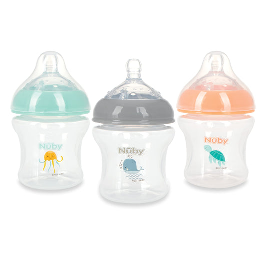 Nuby 3-Pack Infant Feeding Bottles with Slow Flow Breast Size Silicone Nipple: 0+ Months, 6oz, 3 Pack Set: Delicate Star, Rainbow, Butterfly Prints