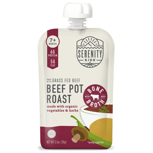 Serenity Kids 7+ Months Bone Broth Puree Made With Organic Veggies - Clean Label Project Purity Award Certified - 3.5 Ounce BPA-Free Pouch - Grass Fed Beef Pot Roast - 12 Count - Baby Food Pouch