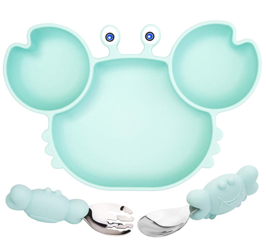 Silicone Suction Plate for Toddlers with Fork Spoon Set - Self Feeding Training Divided Plate Dish and Bowl for Baby and Toddler, Fits for Most Highchairs Trays (Cyan)