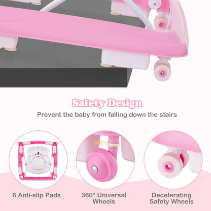 INFANS Foldable Baby Walker, 3 in 1 Toddler Walker Leaning-Seated Walk-Behind with Removable Music Tray, Adjustable Height, Washable Seat Cushion for Boys and Girls (Heart)