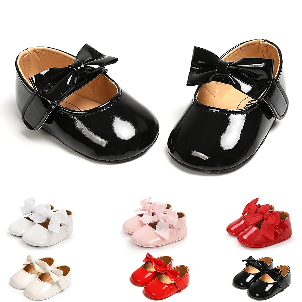 Baby Girls Mary Jane Flats with Bowknot Flowers Soft Newborn Infant First Walkers Crib Shoes Wedding Party Christmas Dress Shoes