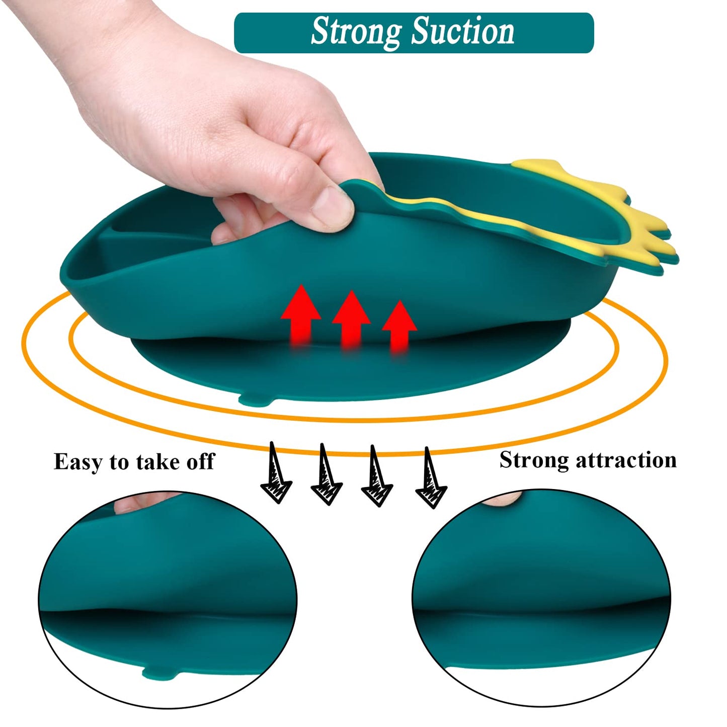 Silicone Suction Plates for Baby Toddler with Spoon Fork set Divided Dinosaurs Plates Self Feeding Training Baby Dinner Plate-Green Dinosaurs Plate Set